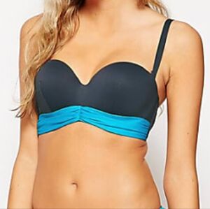 Pour Moi Fiji Convertible Two-Tone Swim Top Slate Gray & Peacock Blue Sz 34D NWT